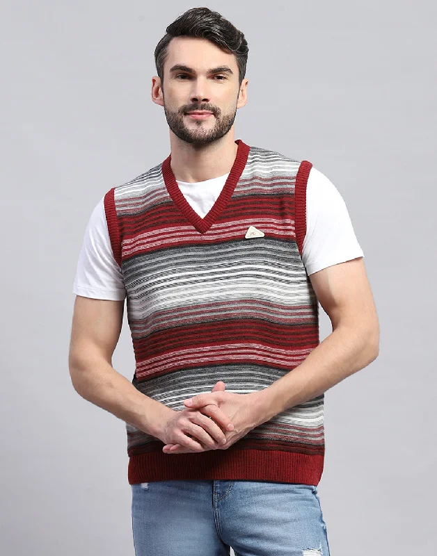 Layered Men's Vest SweatersMen Red Stripe V Neck Sleeveless Sweater