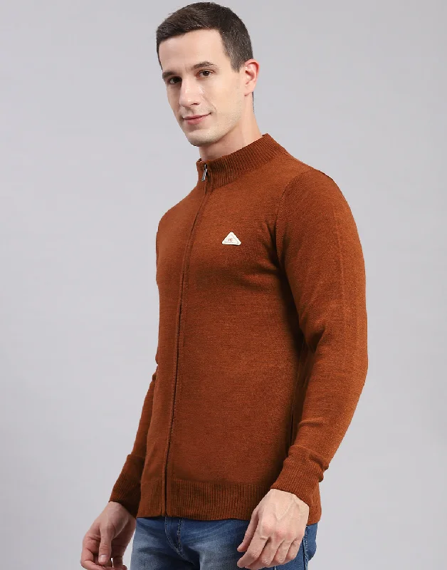 Patterned Men's Fair Isle SweatersMen Rust Solid Stand Collar Full Sleeve Pullover