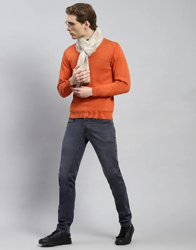 Men's Sweaters with Unique and Custom DesignsMen Rust Solid V Neck Full Sleeve Pullover