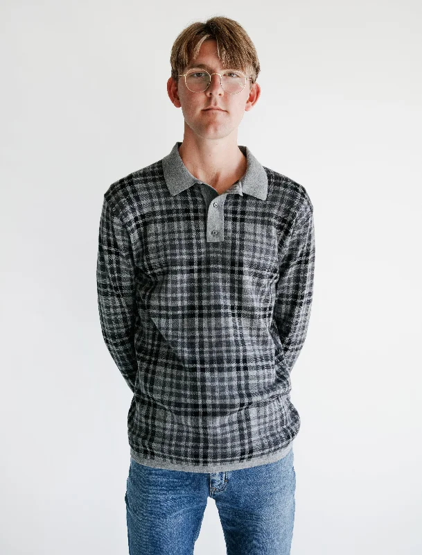 Men's Sweaters with A-Line ShapesLS Merino Polo Charcoal Plaid