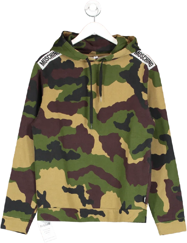 Men's Shirts with CollarsMoschino Green Camo Print Logo Tape Hoodie UK S