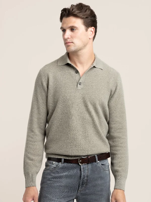 Men's Sweaters with Belt LoopsOlive Green Cashmere Waffle Stitch Knit Polo