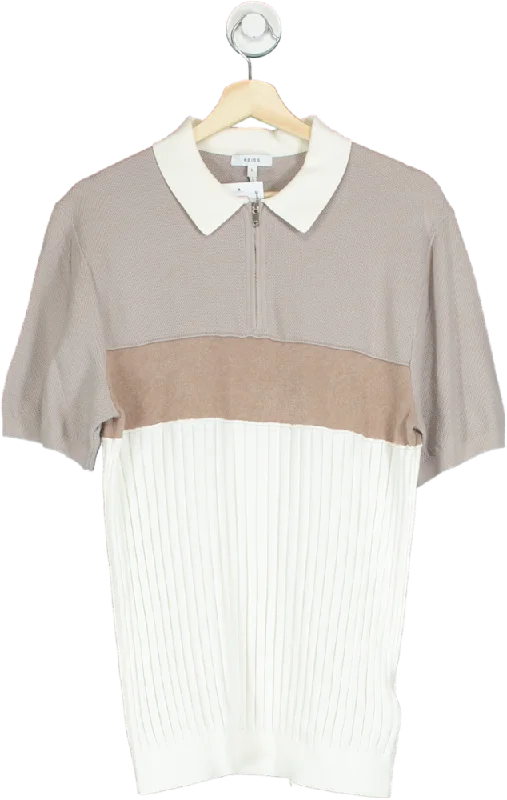 Men's Shirts with Patchwork SleevesReiss Beige and White Collared Zip Knit Top UK L