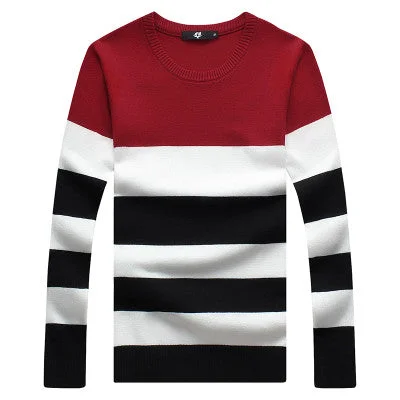 Men's Sweaters with Button-Up CollarsStriped Sweater with Round Collar