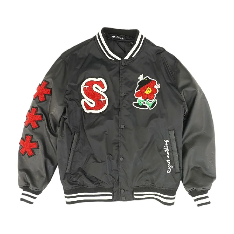 Cool Men's Pea CoatsBlack Embroidery Detail Varsity Jacket