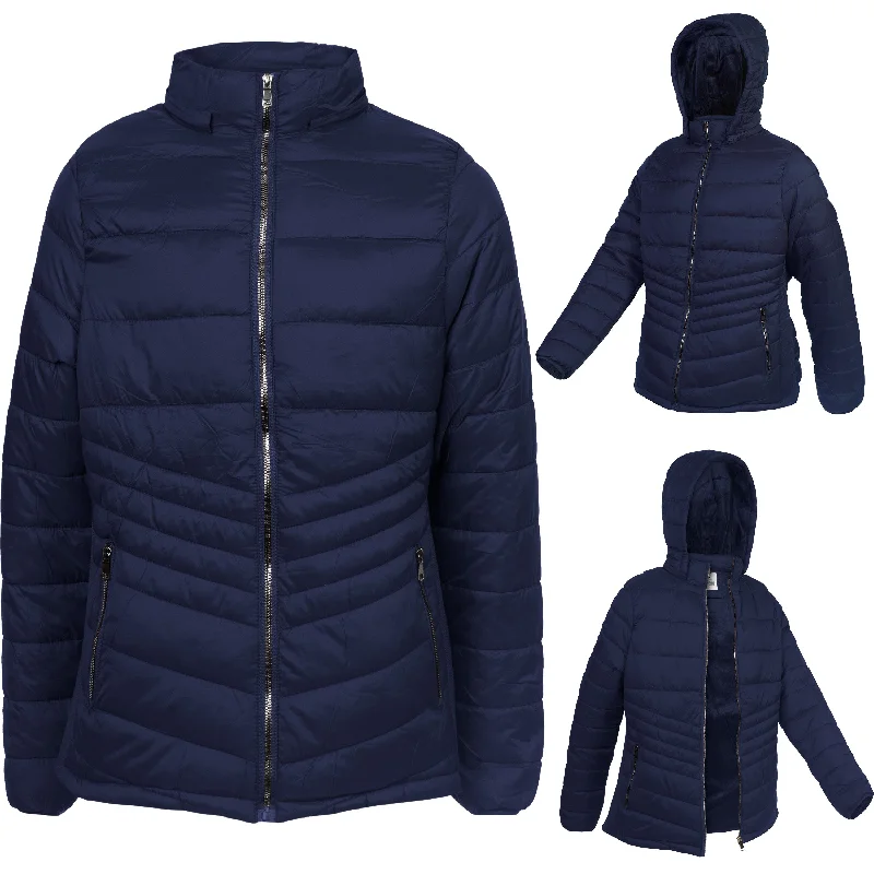 Men's Coats with HoodsWomen's Soft Navy Blue Puffer Wholesale Coats in Assorted Plus Sizes - Bulk Case of 12 Jackets