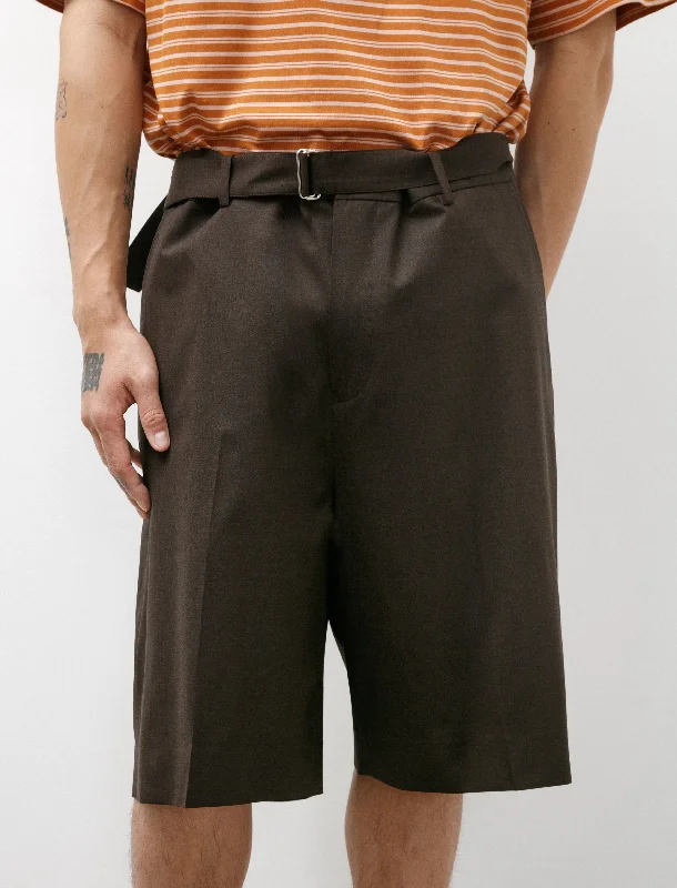 Men's Pants with Turn-Up CuffsWool Belted Half Pants Brown