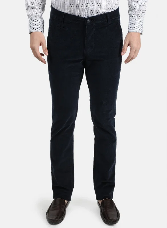 Men's Pants with Contrast Fabric PanelsMen Navy Blue Solid Trouser